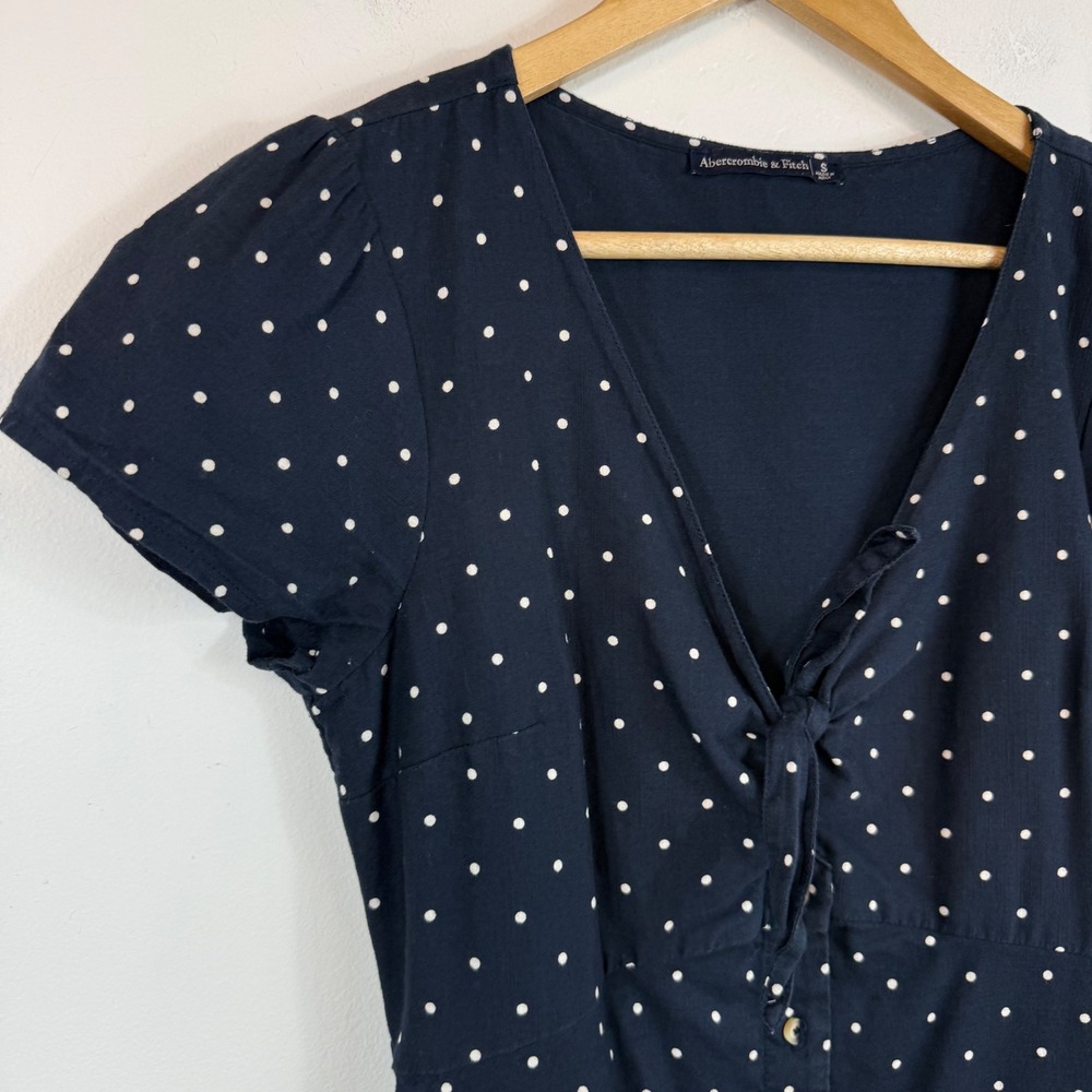 Abercrombie & Fitch Polka Dot Mini Dress S Tie Front Button Cotton Pockets Retro - Picture 5 of 14